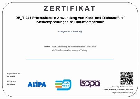 Professionelle Anwendung von Kleb- und Dichtstoffen / Kleinverpackungen bei Raumtemperatur Erfolgreiche Ausbildung
