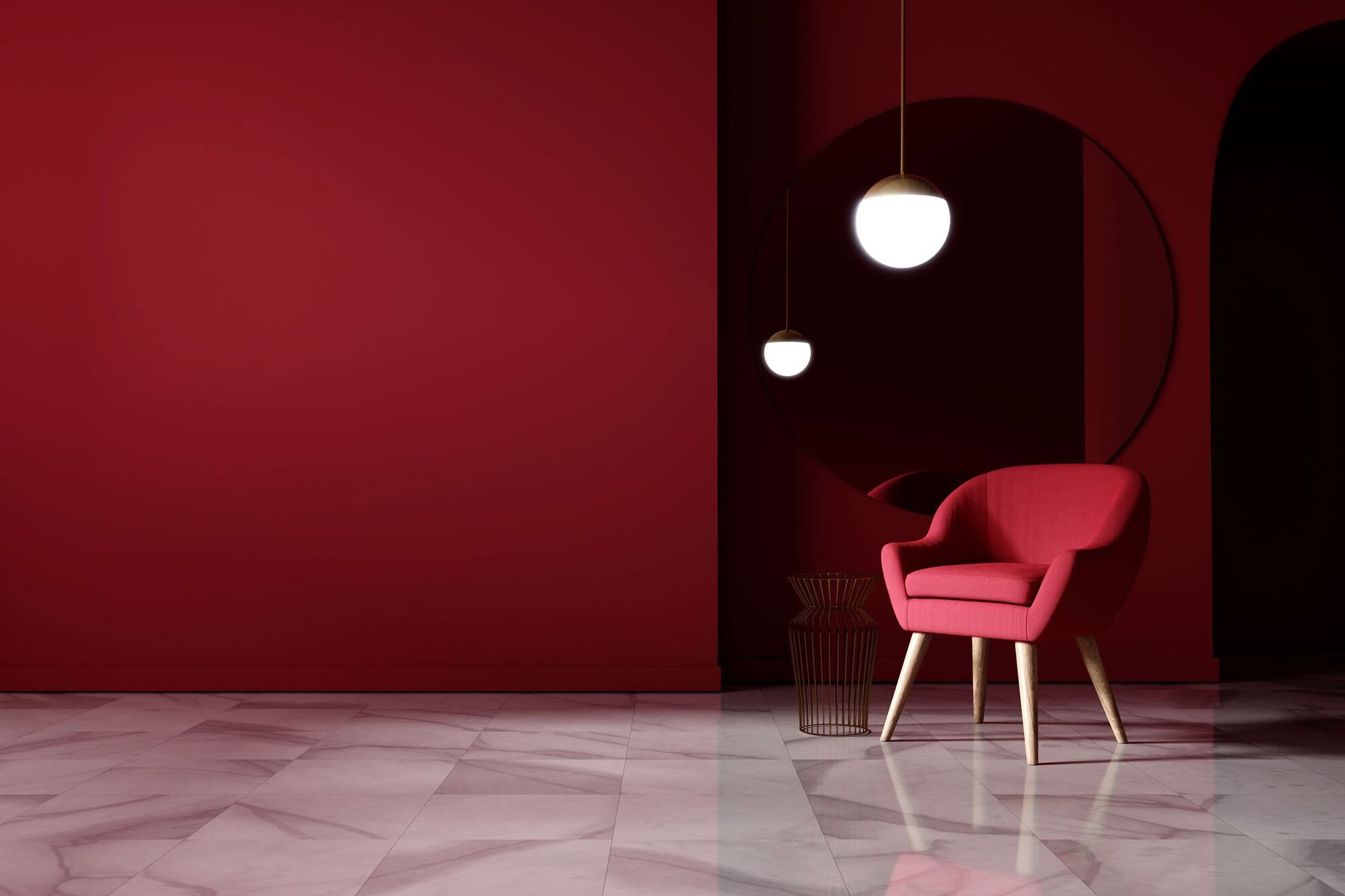 Rote Wand mit rotem Stuhl