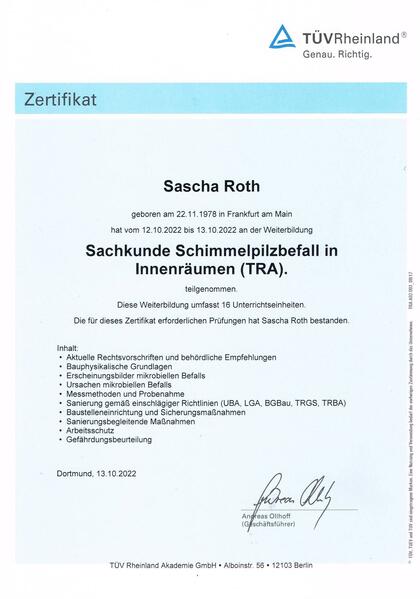 TÜV Rheinland Zertifikat Sachkunde Schimmelpilzbefall in Innenräumen (TRA)